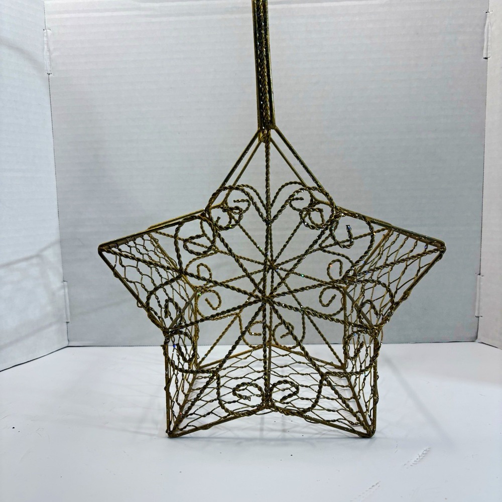 Christmas Gold Tone Glitter Metal Star Wire Basket with Handle Indoor 15in